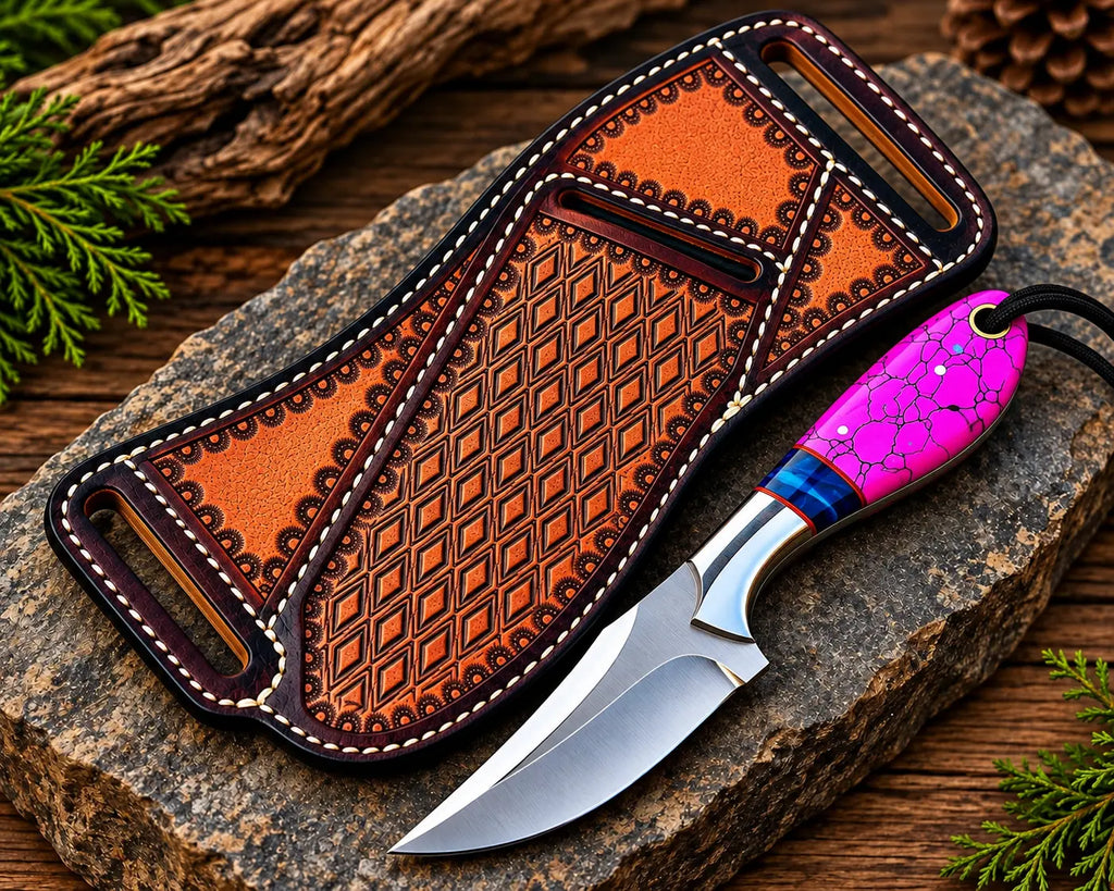 Hand-tooled diamond basketweave leather sheath for D2 steel magenta handle cowboy knife