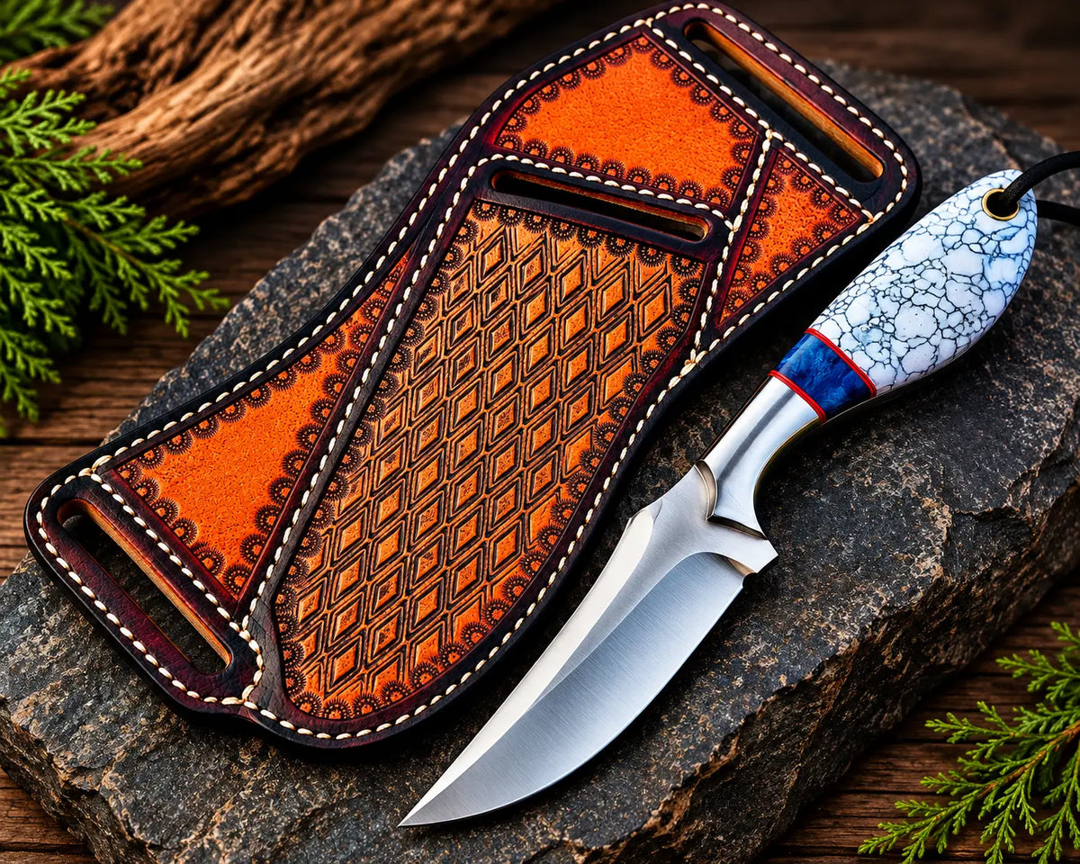 Handmade D2 steel cowboy knife with marble handle and blue resin spacer - full view