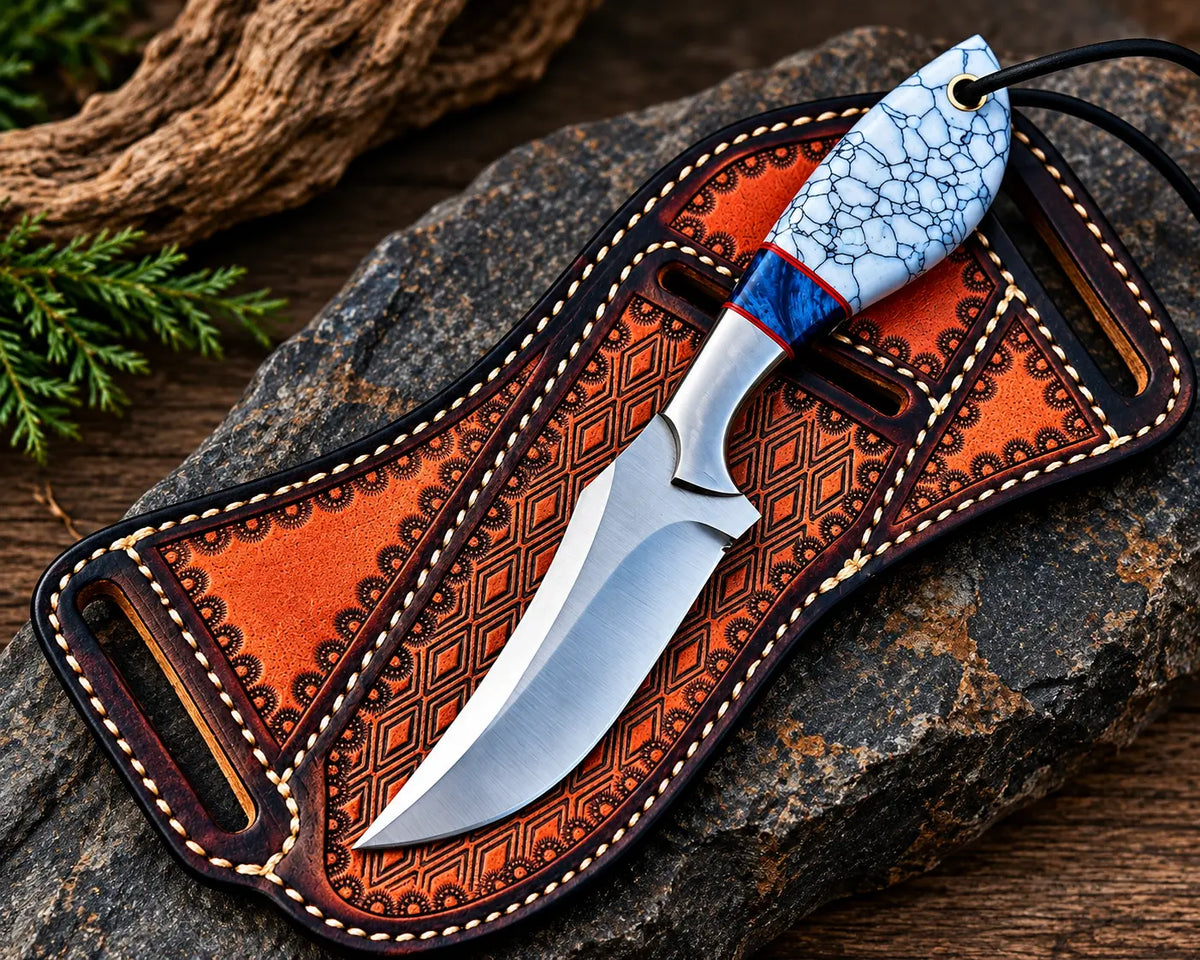 D2 steel drop point blade close-up on marble handle cowboy knife