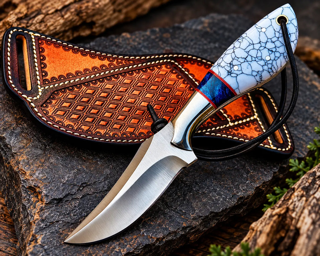Hand-tooled diamond basketweave leather sheath for D2 steel cowboy knife