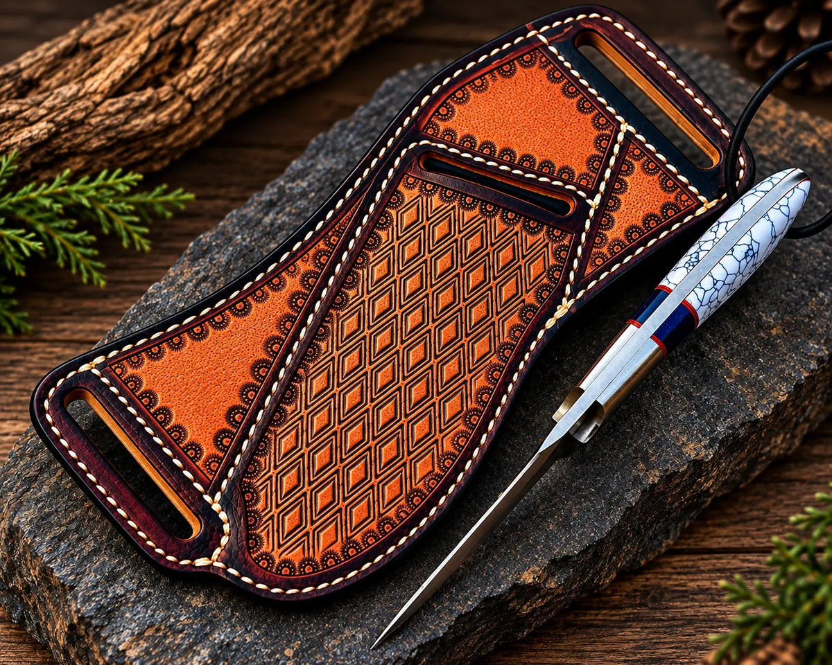 D2 steel cowboy knife on rock background - side angle