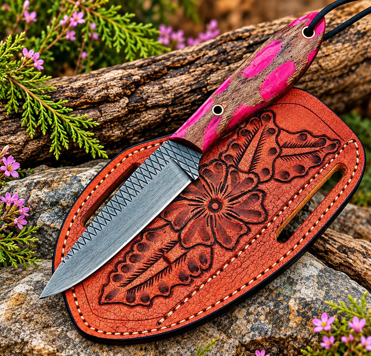 Handmade D2 steel cowboy knife with pink wood handle and tooled leather sheath - full view