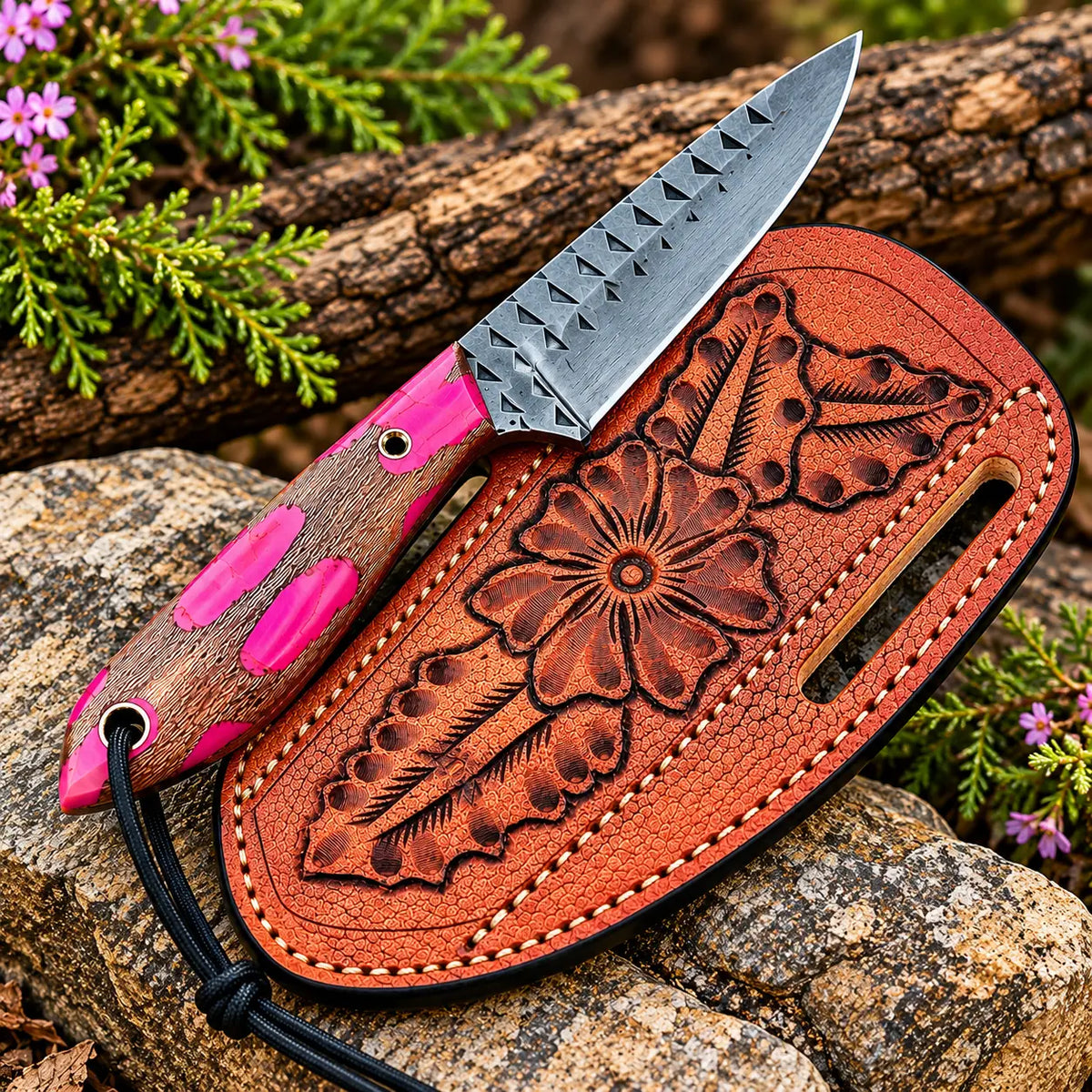 D2 steel drop point blade close-up on pink wood handle cowboy knife