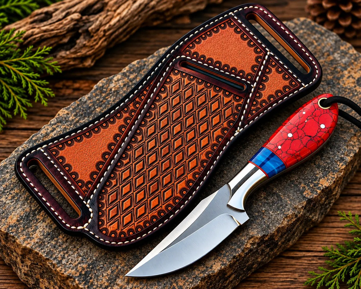 Handmade D2 steel cowboy knife with red crackle handle and tooled leather sheath - full view