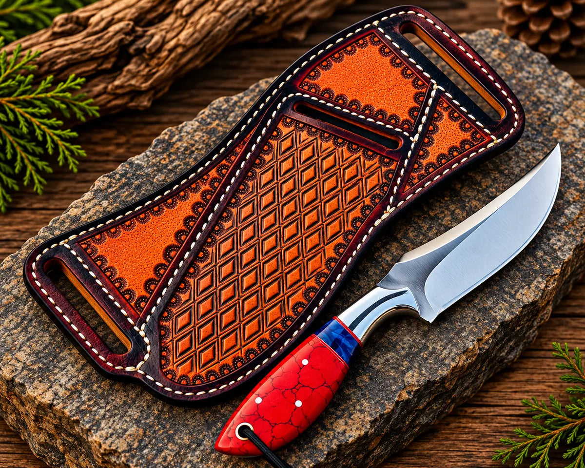 D2 steel drop point blade close-up on red crackle handle cowboy knife