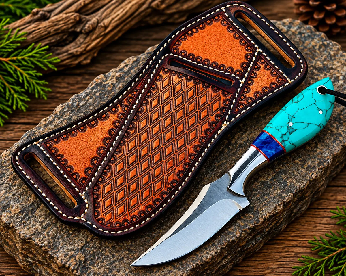 Handmade D2 steel cowboy knife with turquoise crackle handle and tooled leather sheath - full view
