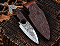 Handmade D2 steel double finger hole knife with Celtic Viking engraving and Italian leather sheath - full view