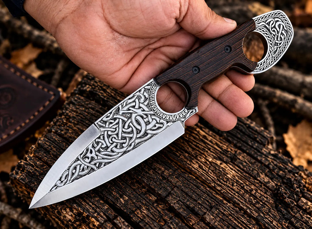 Hand engraved Celtic Viking knotwork on mirror polished D2 steel blade close-up
