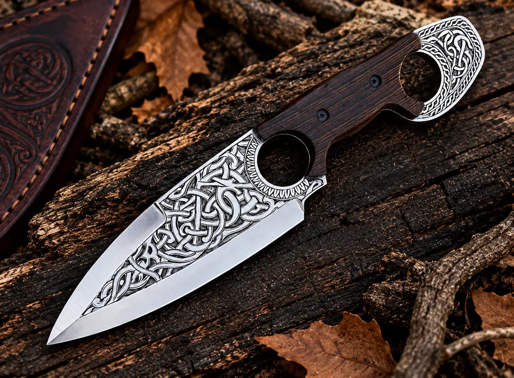 Hand-engraved Celtic Viking design on Italian leather sheath with wenge wood handle knife