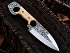 Handmade D2 steel double finger hole knife with Celtic Viking engraving and white bone handle - full view with Italian leather sheath