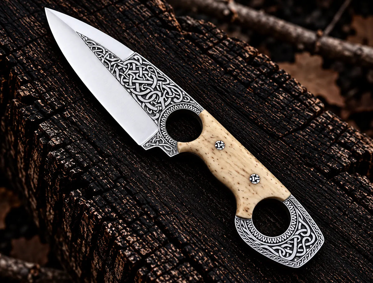 White bone handle scales with screws and engraved finger hole ring detail
