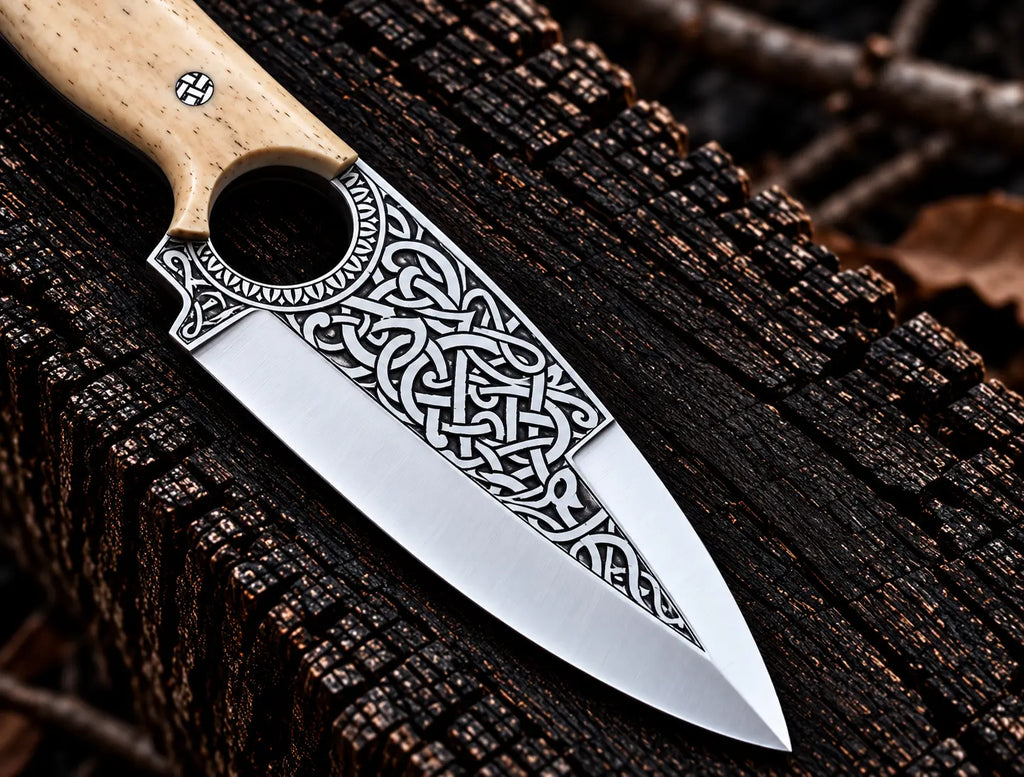 D2 steel Celtic Viking engraved knife with white bone handle on wood background - full length view