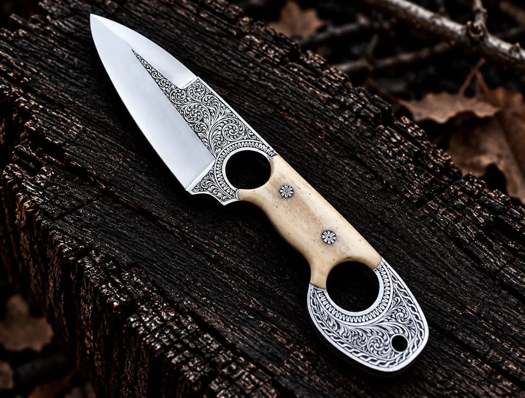 Handmade D2 steel double finger hole knife with floral engraving and white bone handle - full view