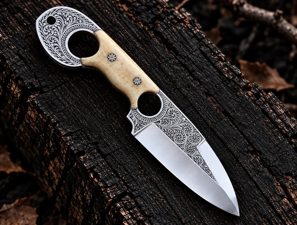 Hand engraved floral scrollwork on D2 steel blade and engraved finger hole ring with white bone handle
