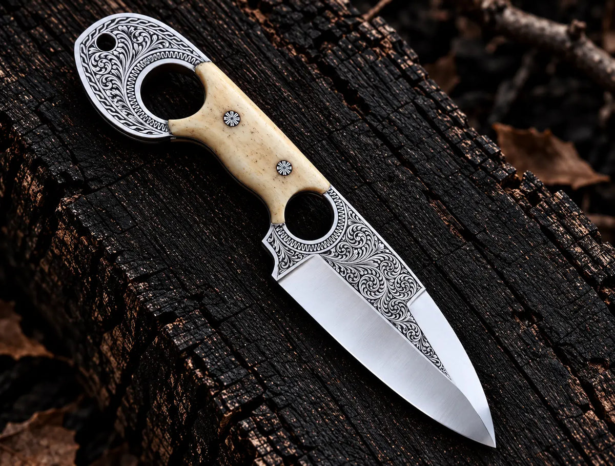 Hand engraved floral scrollwork on D2 steel blade and engraved finger hole ring with white bone handle