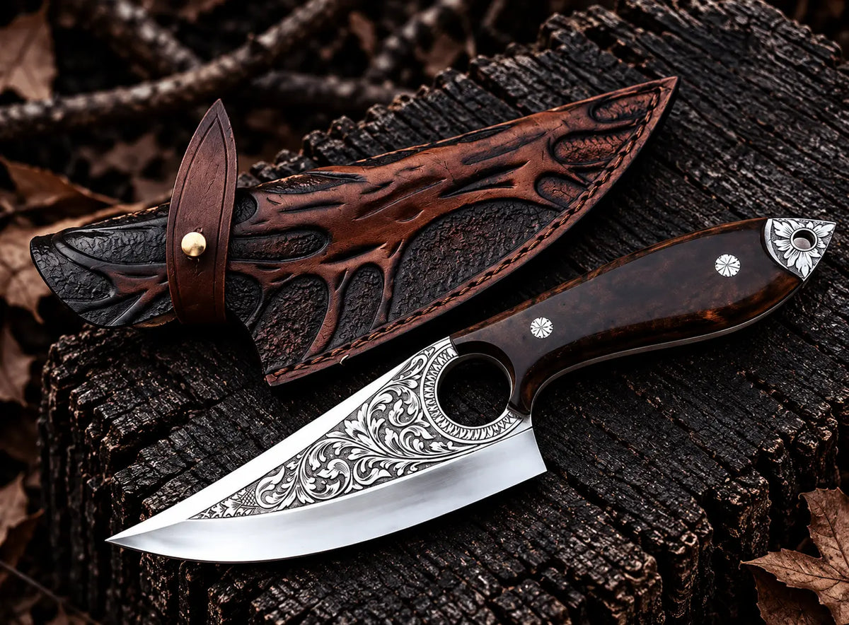 Handmade D2 steel finger hole knife with floral engraving, rosewood handle and Italian leather sheath - full view