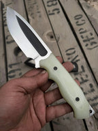 Green G10 handle scales with screws and finger grooves detail