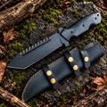 Handmade D2 steel full tang tracker knife with tanto blade, black powder coat, black micarta handle and horizontal Italian leather sheath - full view