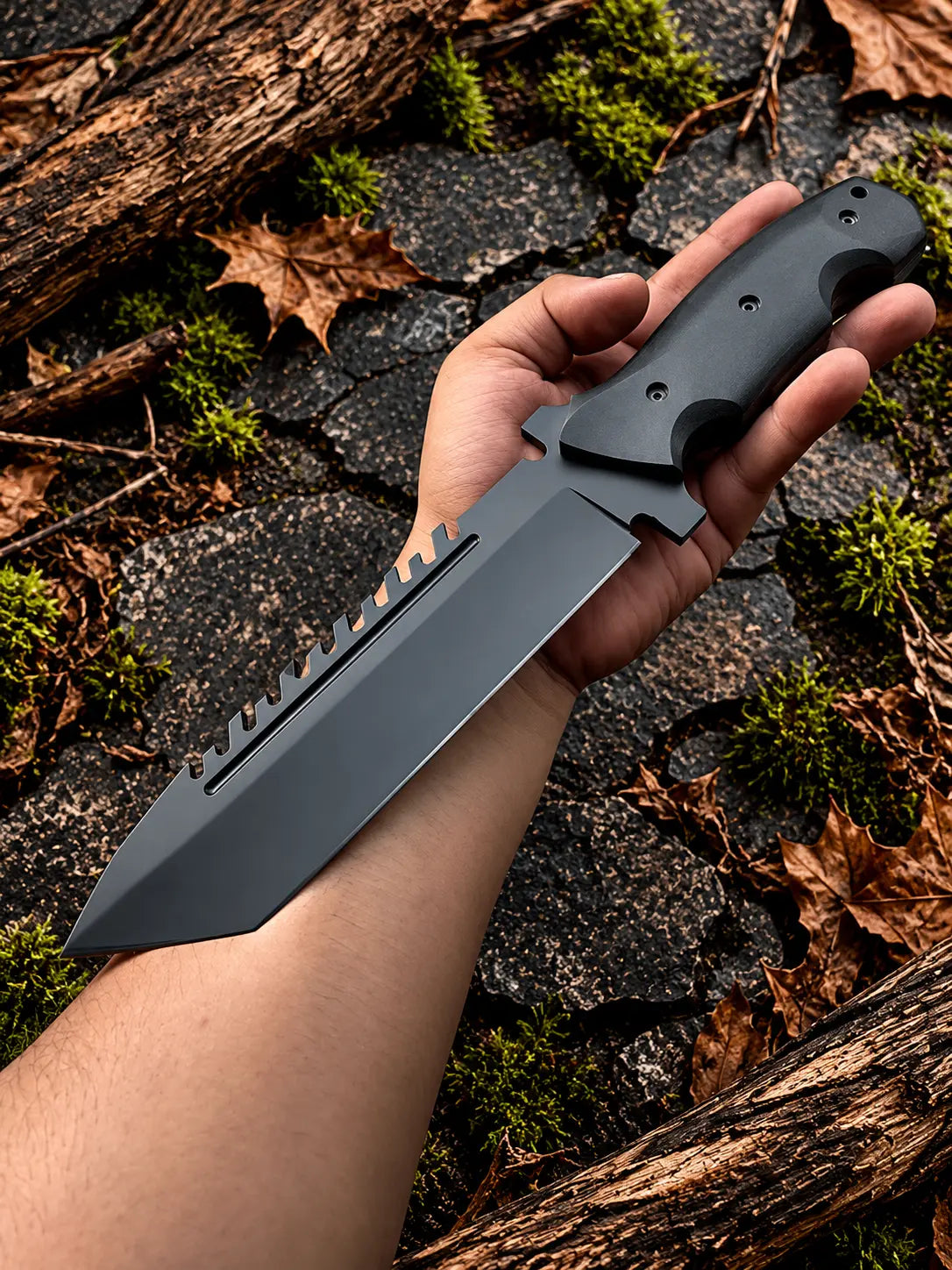 D2 steel tanto blade tracker knife with black powder coat - angle 2