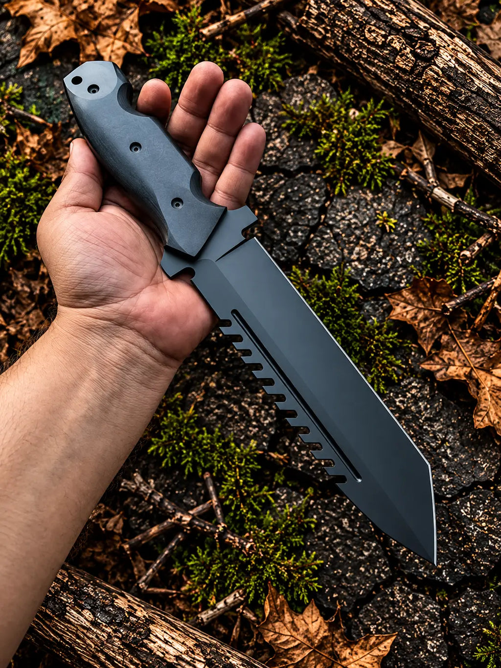 Black micarta handle full tang tracker knife with screws - angle 3