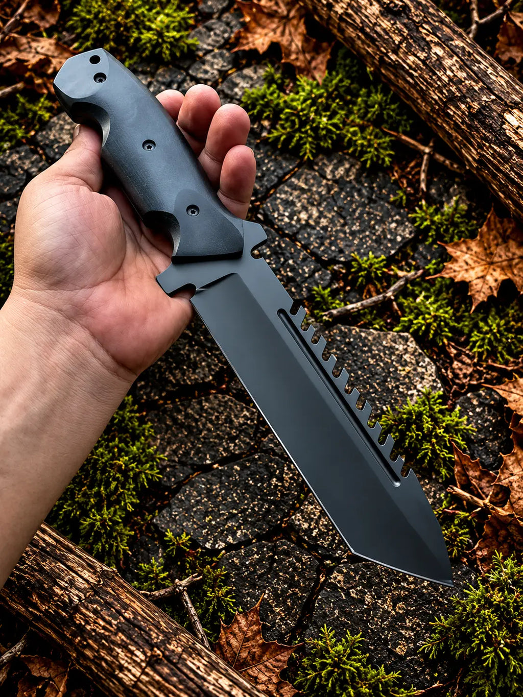 Tracker knife with horizontal black Italian leather sheath - angle 4