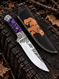 Handmade D2 steel hand engraved knife with bear design and purple black resin handle - full view with leather sheath