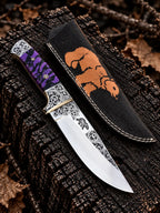 Handmade D2 steel hand engraved knife with bear design and purple black resin handle - full view with leather sheath