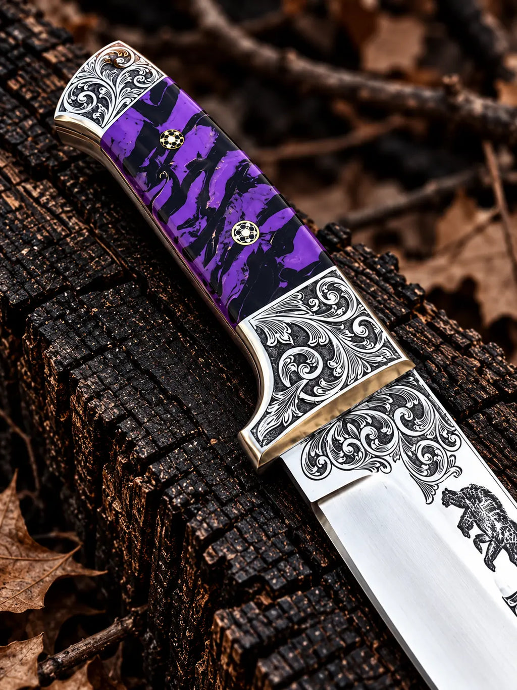 Purple and black resin handle with mosaic pins and engraved steel bolster detail