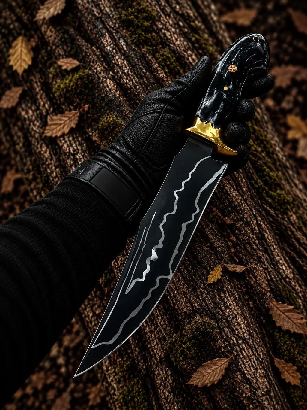 Polished brass guard and buffalo horn handle with mosaic pin detail