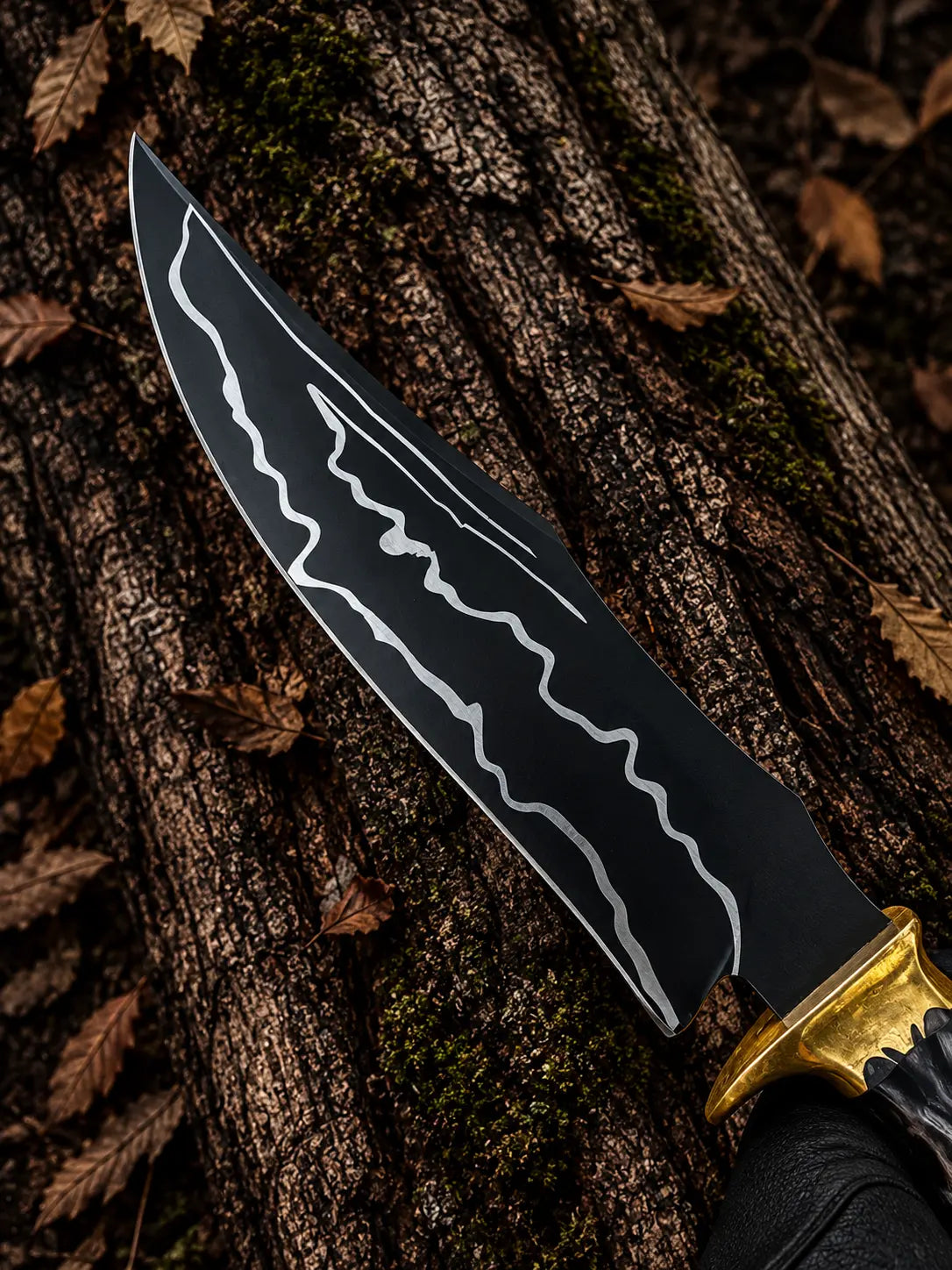 Black and white swirl buffalo horn handle with lanyard hole on D2 steel hunting knife
