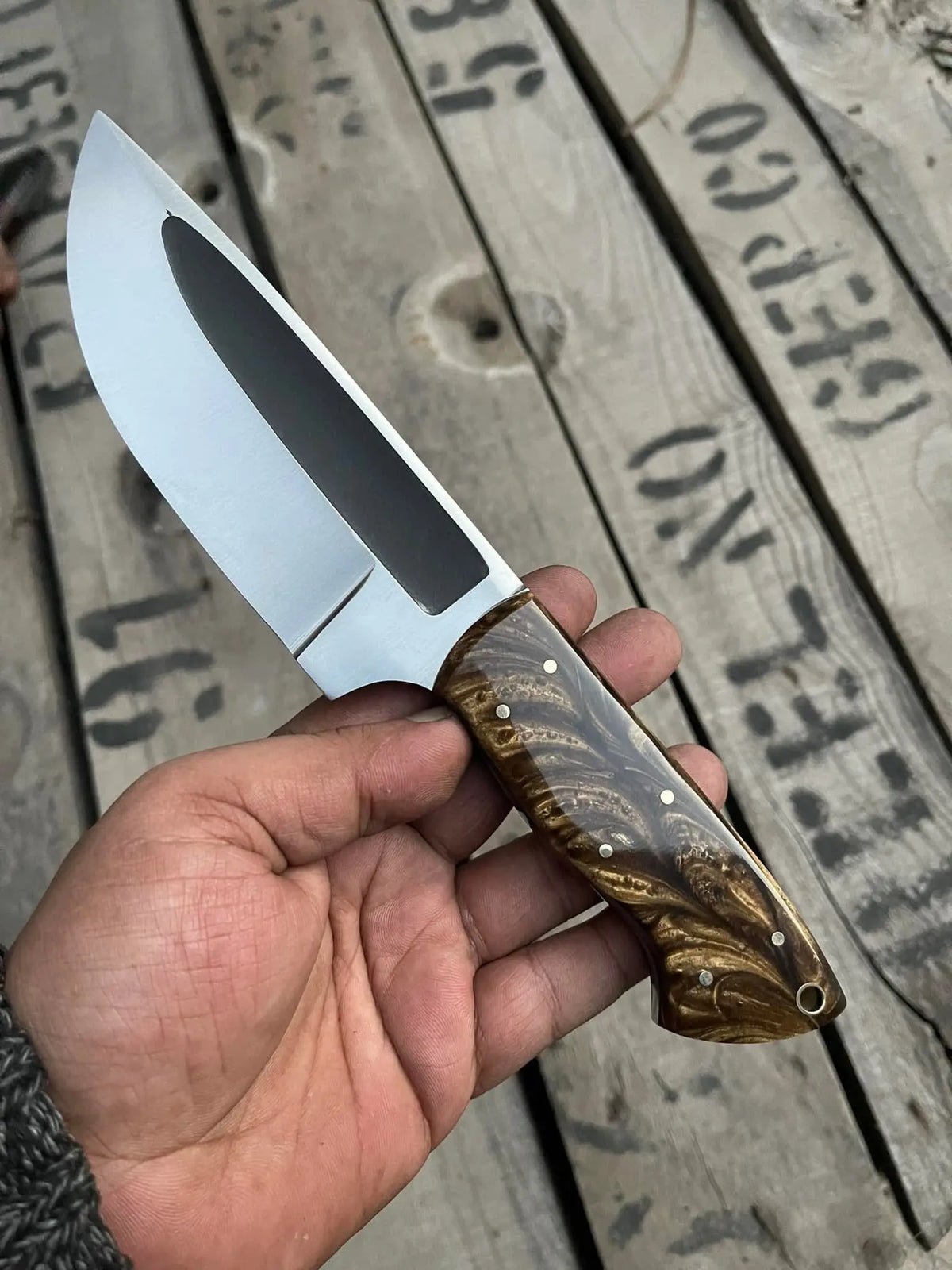 Horizontal carry Italian leather sheath with brass snaps for D2 steel skinner knife