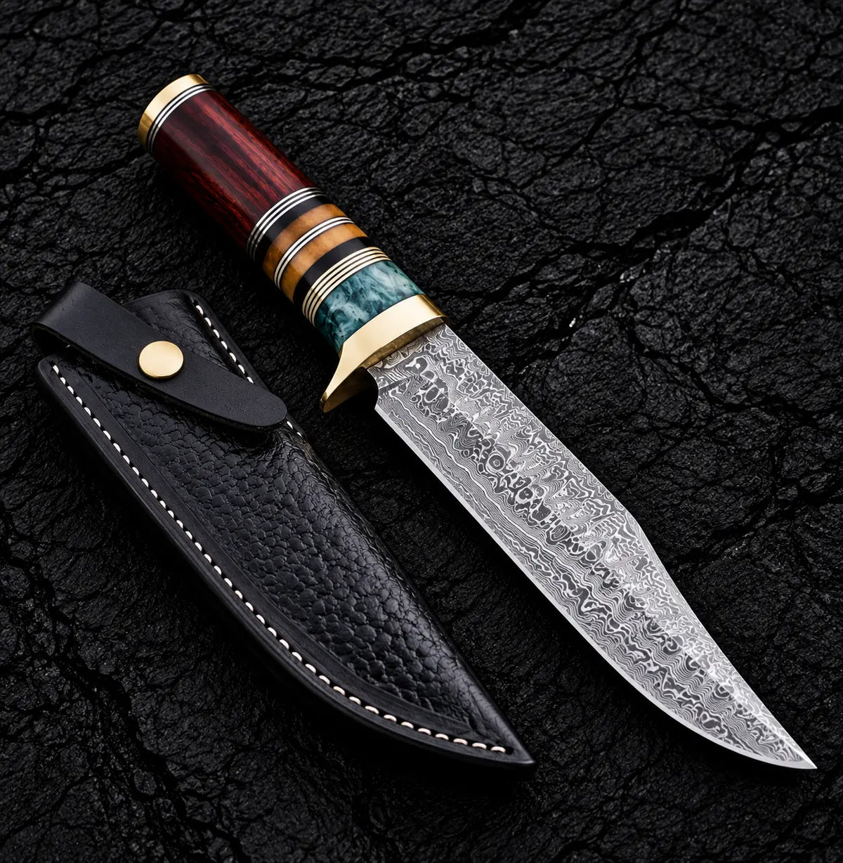 Handmade Damascus Bowie knife with ironwood and olive wood handle and Italian leather sheath - full view
