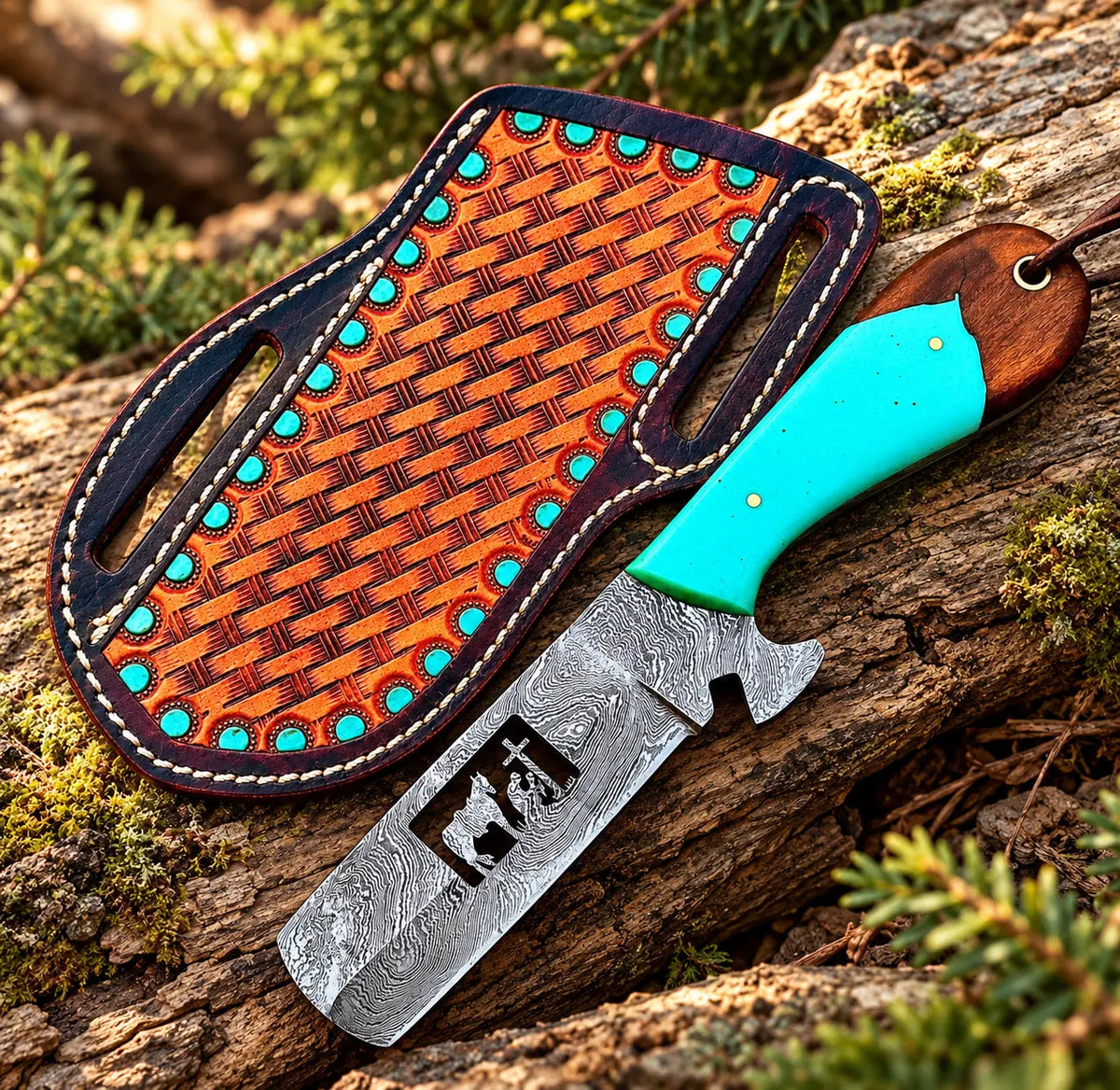 Handmade Damascus bull cutter with turquoise resin handle and wire-cut design - full view