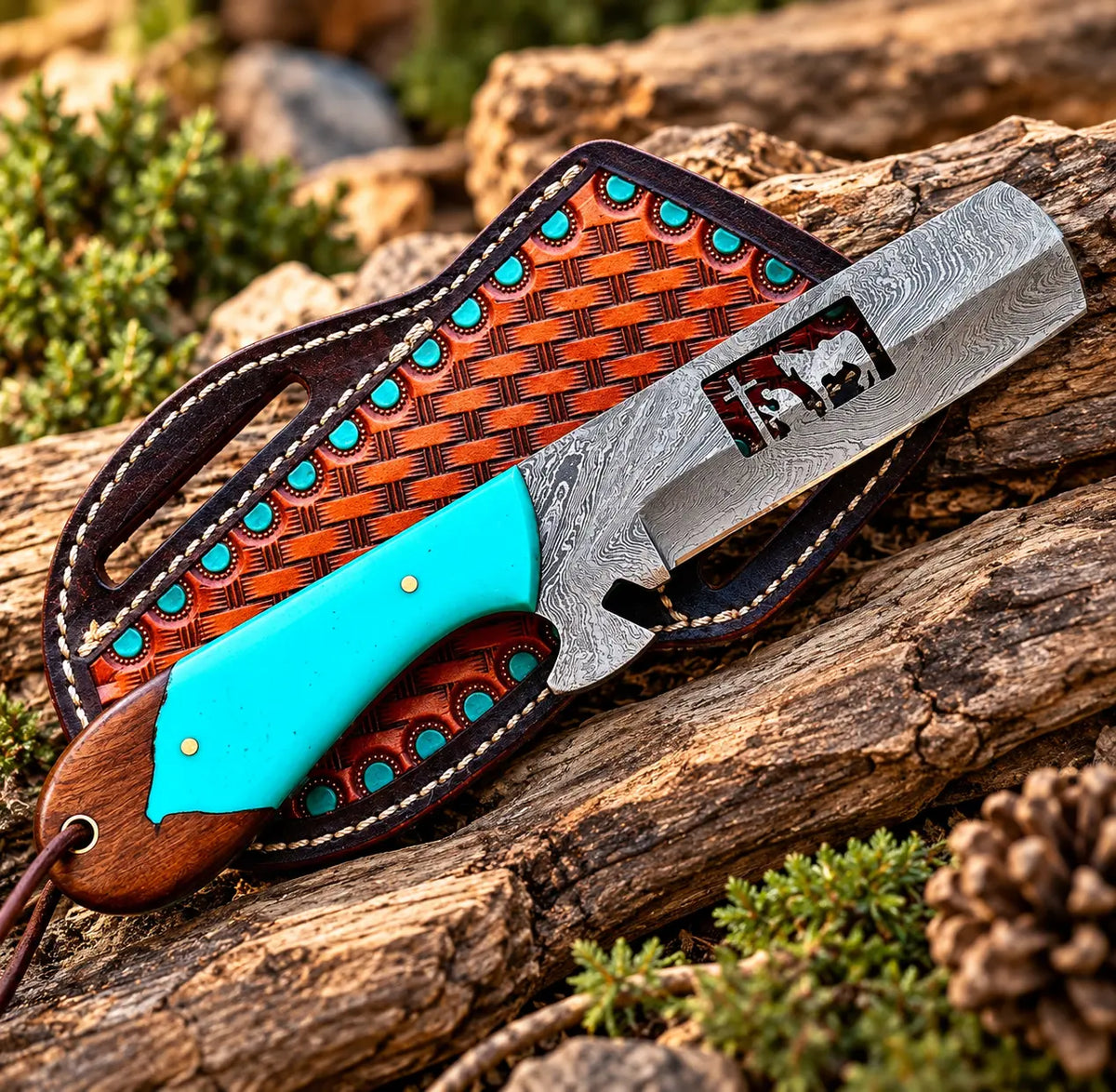 Turquoise resin handle with wood cap detail on bull cutter knife
