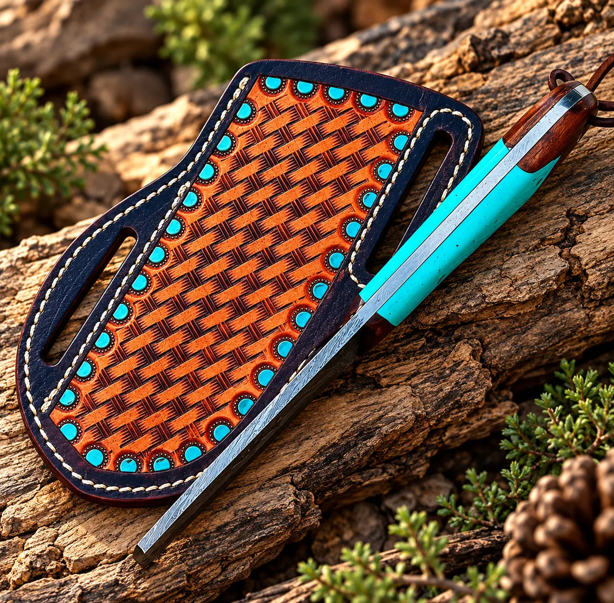 Damascus bull cutter notched blade tip close-up