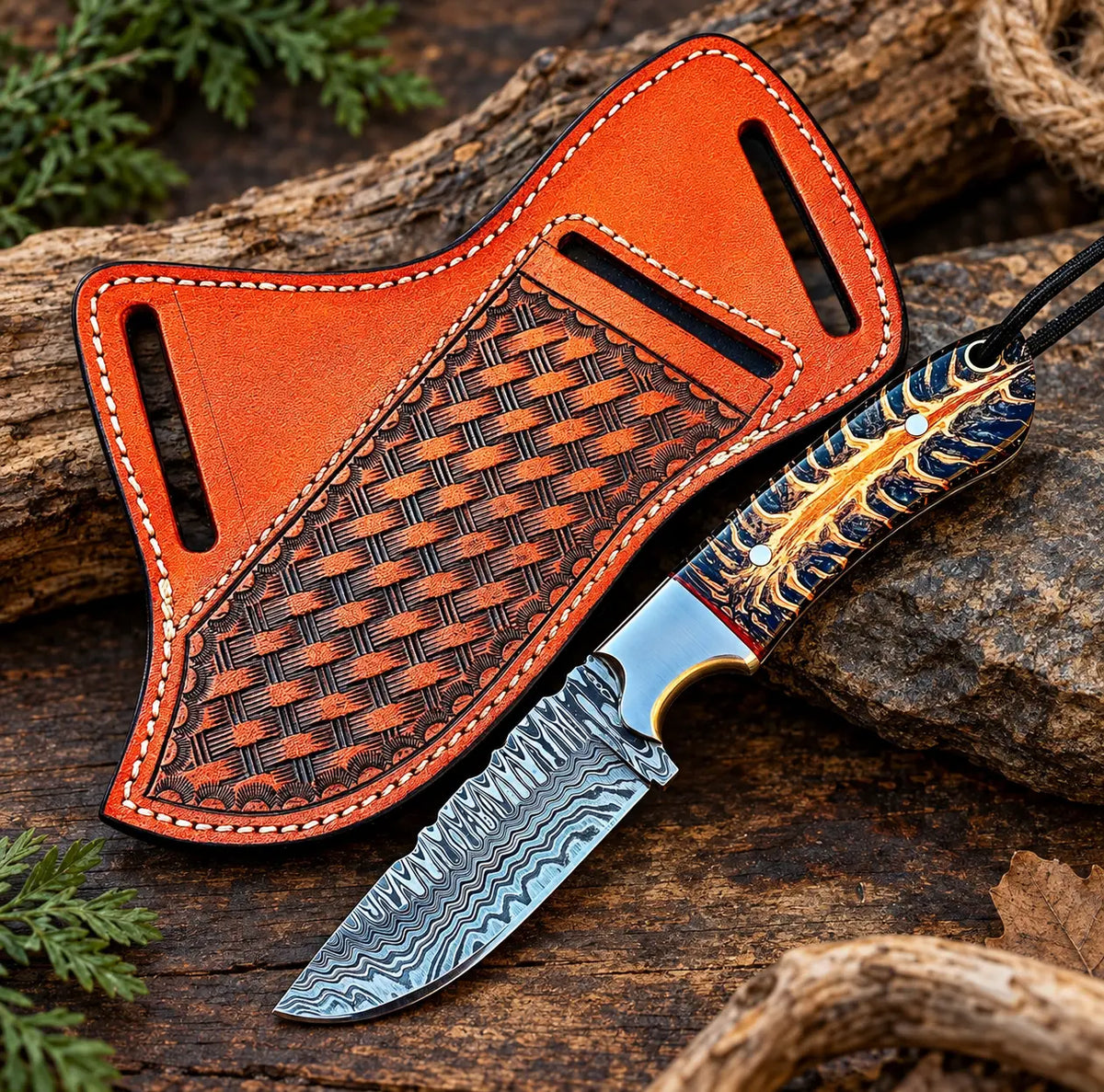 Handmade Damascus steel cowboy knife with blue and gold turquoise handle and tooled leather sheath