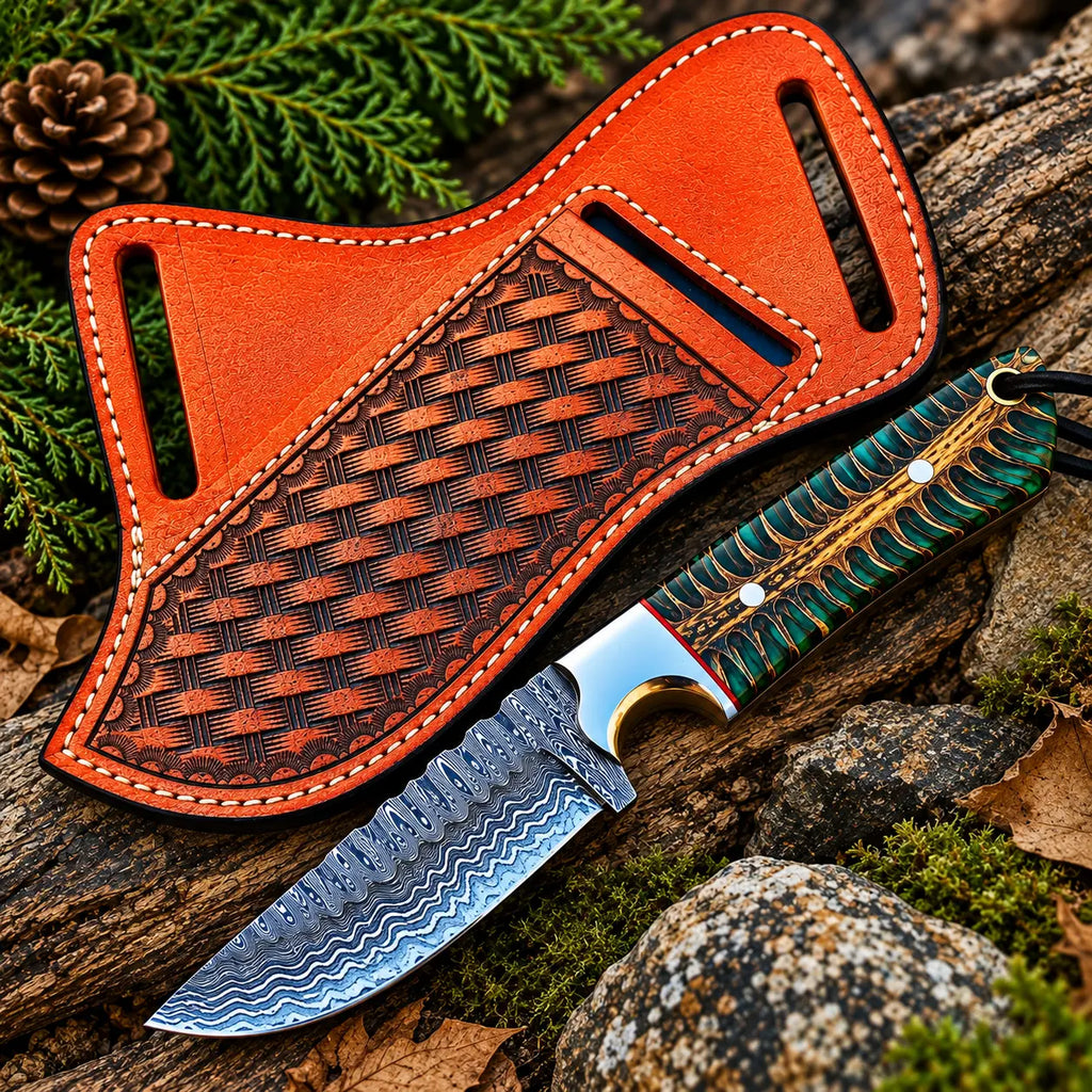 Damascus steel drop point blade close-up on cowboy knife with green handle