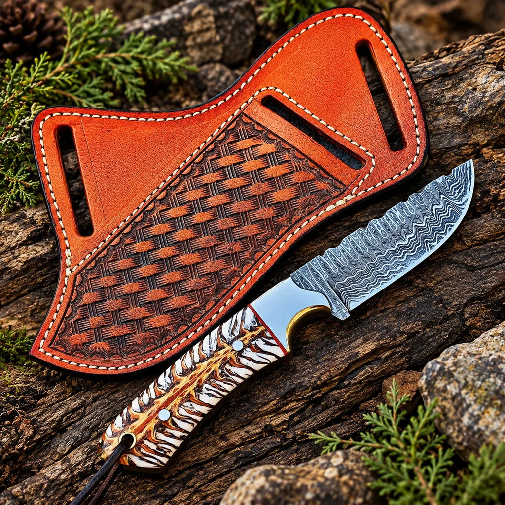 Handmade Damascus steel cowboy knife with tiger stripe handle and tooled leather sheath