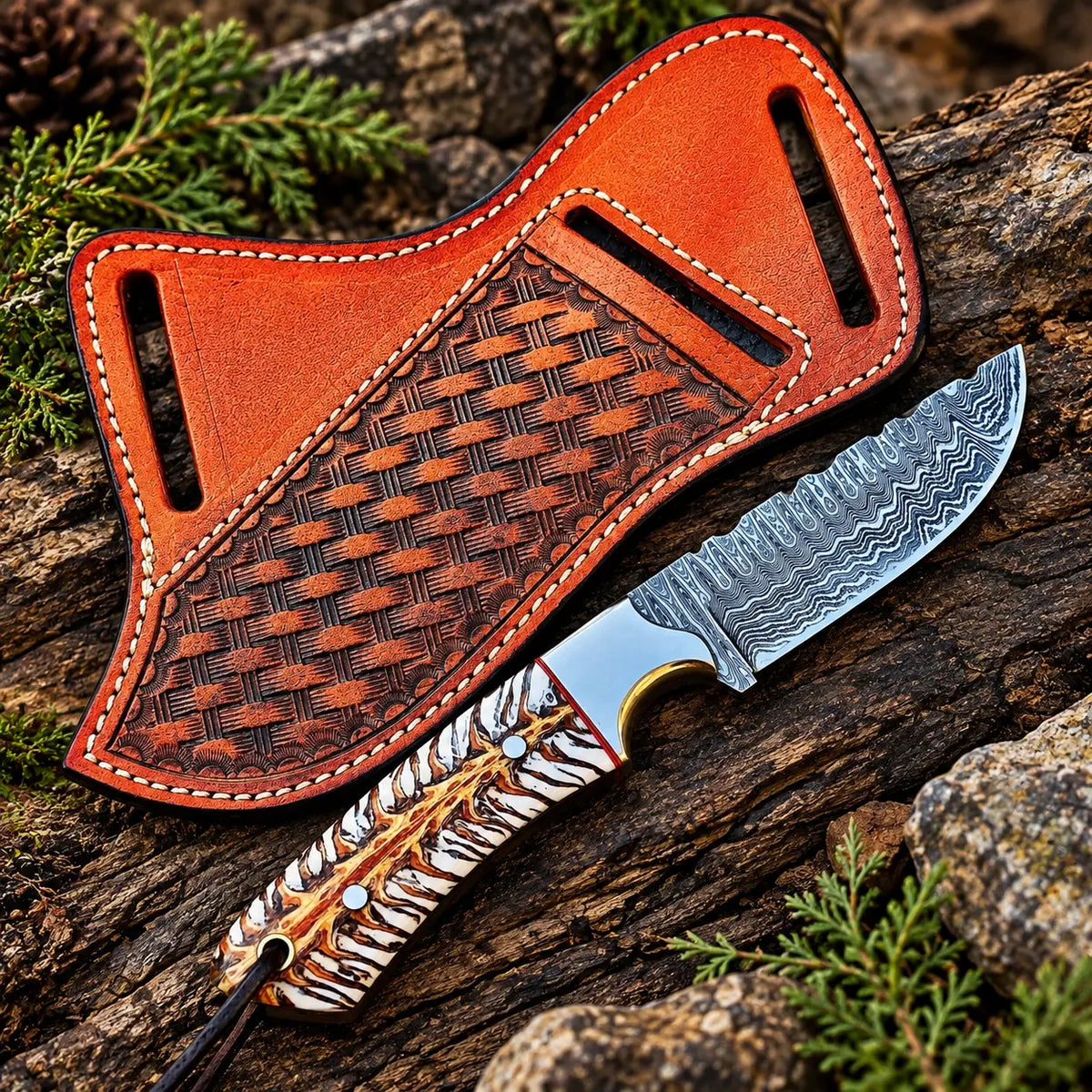 Handmade Damascus steel cowboy knife with tiger stripe handle and tooled leather sheath