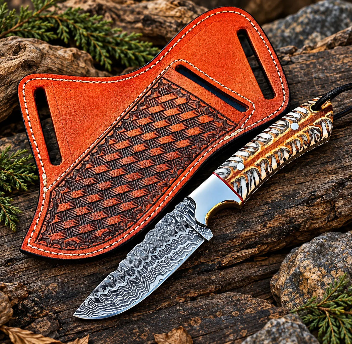 Damascus steel drop point blade close-up on cowboy knife with tiger stripe handle