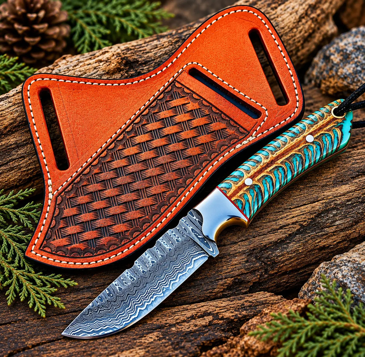 Handmade Damascus steel cowboy knife with turquoise and gold handle and tooled leather sheath