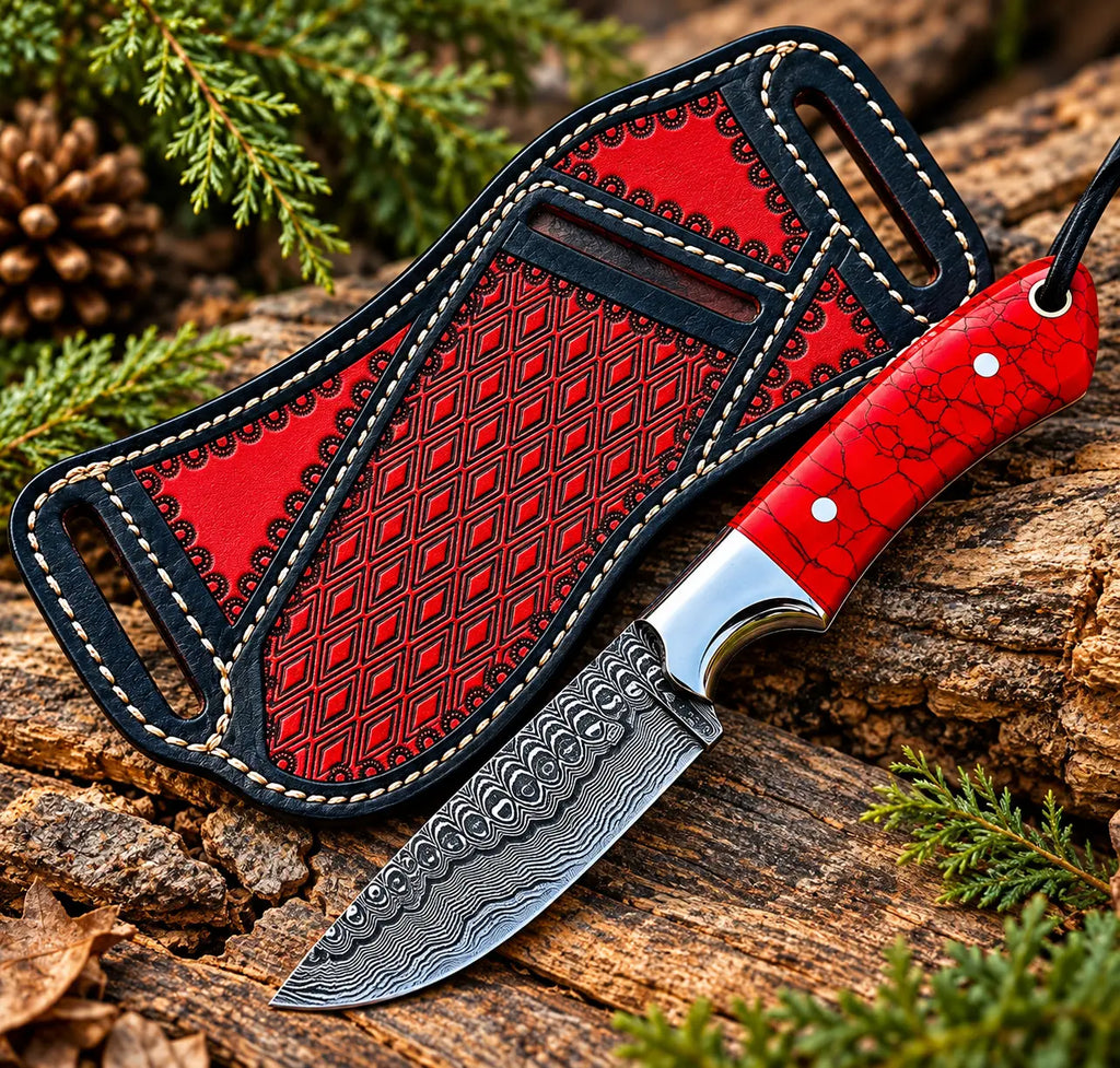 Handmade Damascus cowboy skinner knife with red stone handle and Italian leather sheath - full view