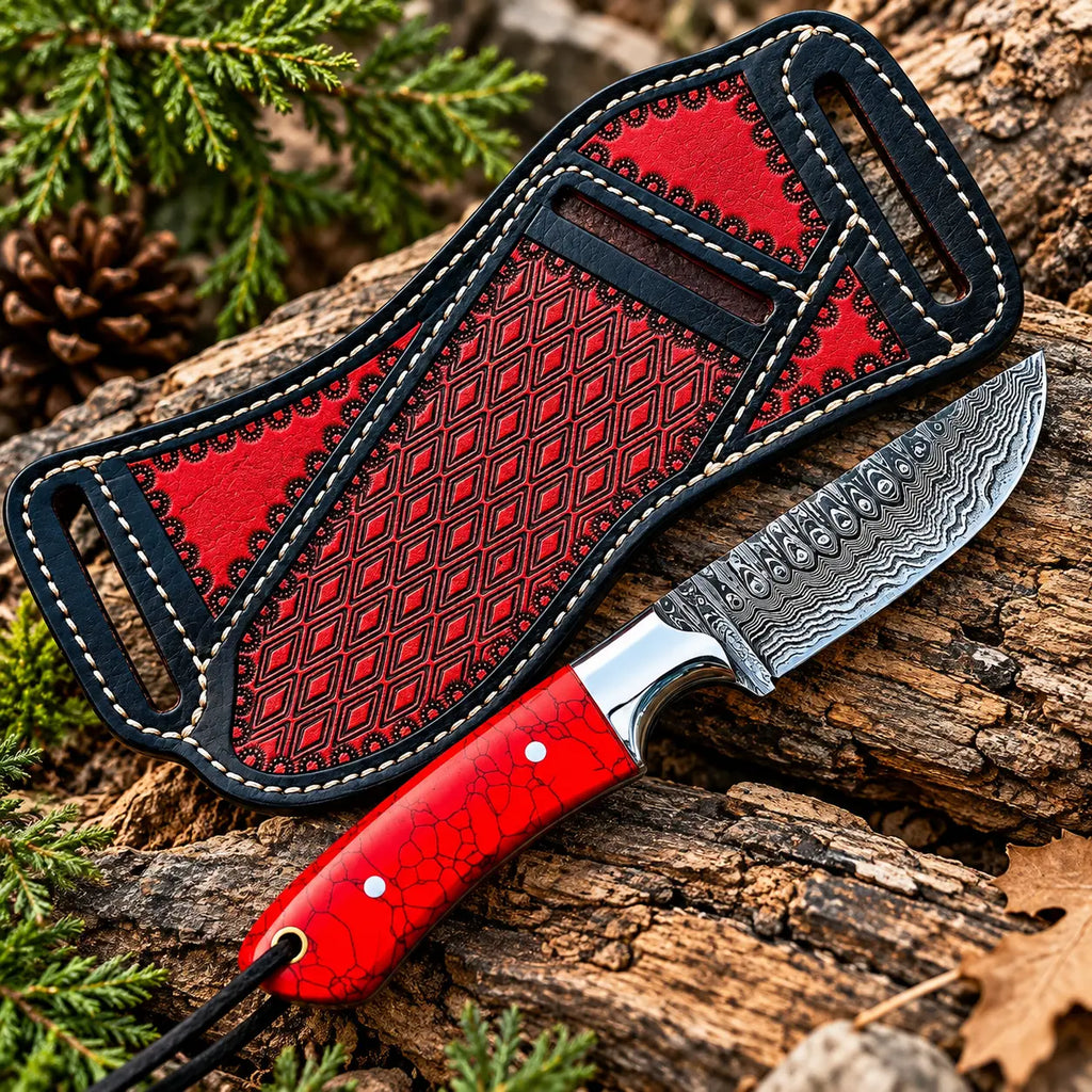 Ladder pattern Damascus blade close-up on cowboy skinner knife