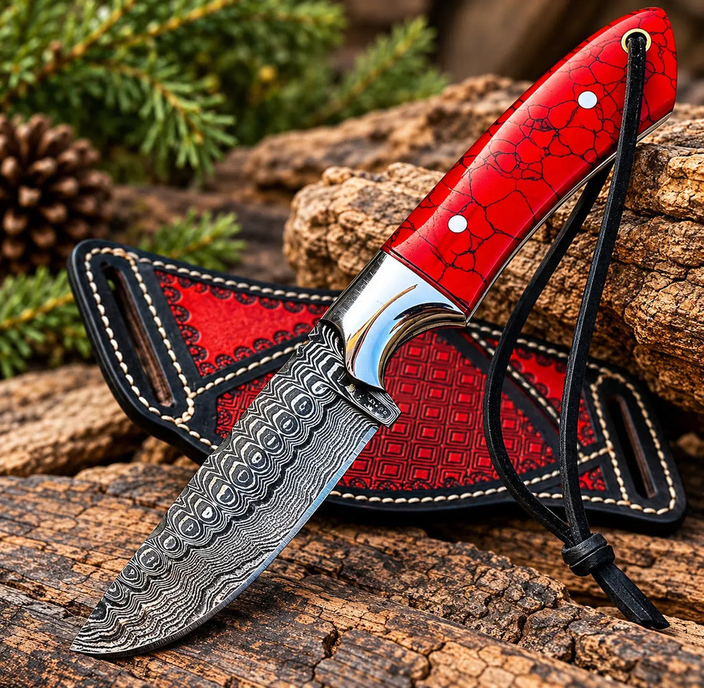 Hand-tooled Italian leather sheath with diamond pattern for Damascus skinner knife