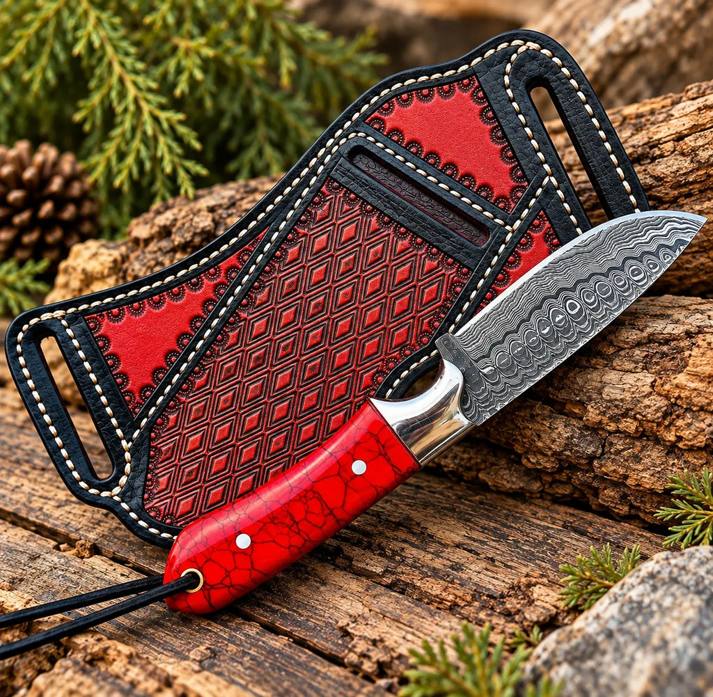Damascus cowboy skinner knife on wood background - side angle