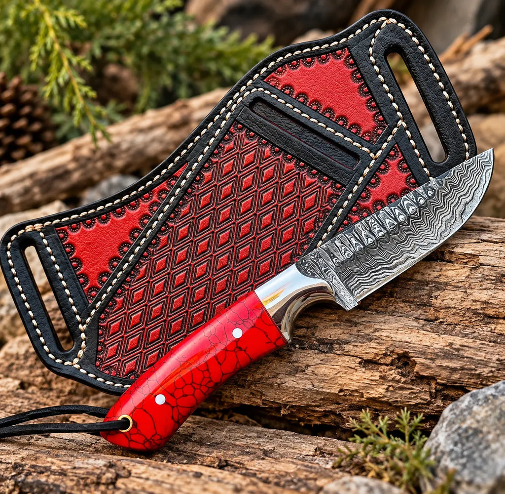 Damascus skinner knife with Italian leather sheath - full length view