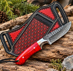 Damascus skinner knife with Italian leather sheath - full length view