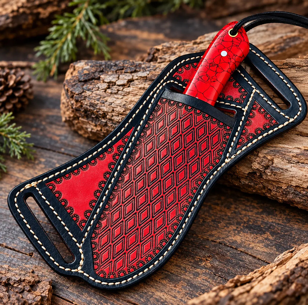 Red stone handle Damascus cowboy knife blade and handle detail