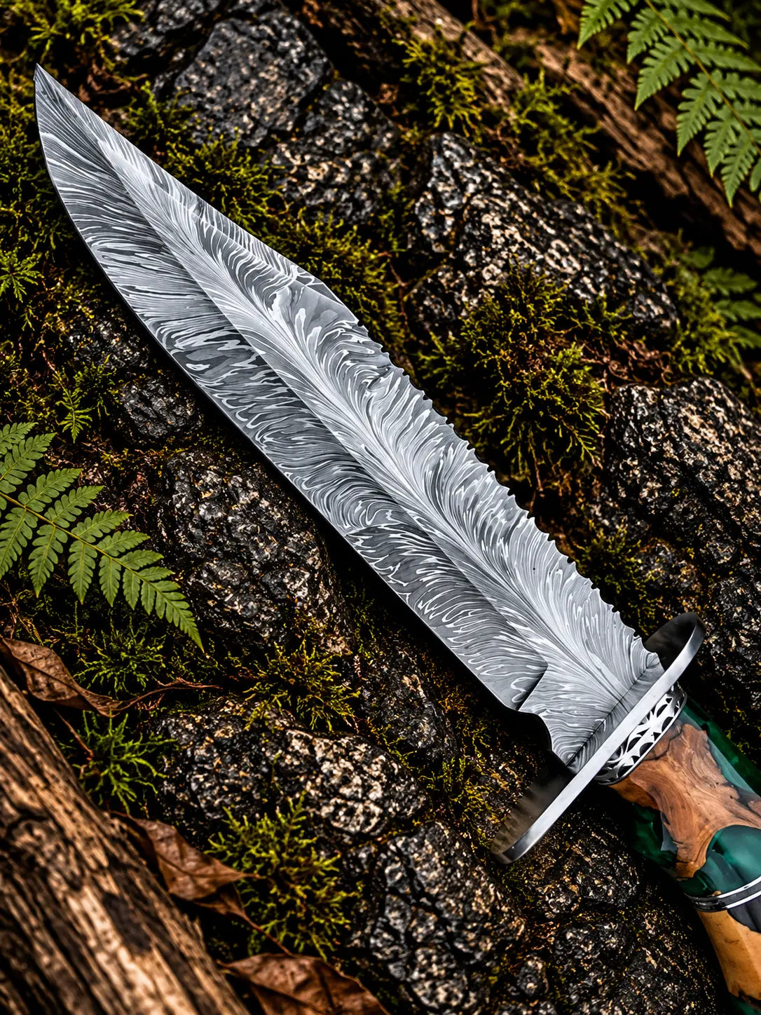 Damascus feather bowie knife with green resin wood handle and Italian leather sheath - angle 2