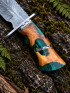 Damascus feather bowie knife with green resin wood handle and Italian leather sheath - angle 4